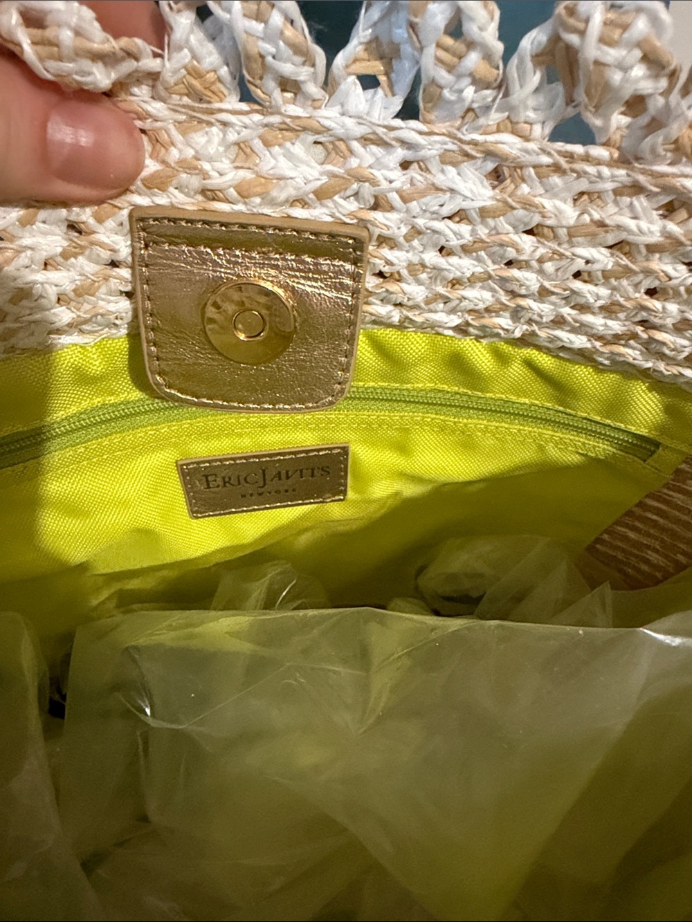 Eric Javits Natural Straw Tote with Lime Accents and Tassel Charms - Picture 3 of 5